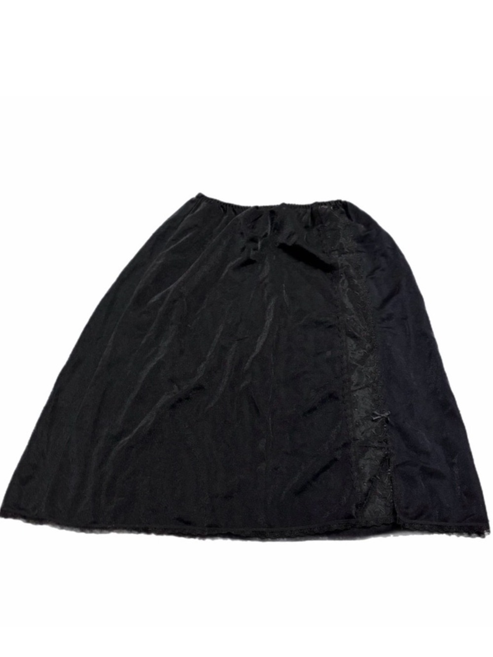70s British Vintage BHS Silky Floral Lace Split Hem Slip Skirt (Black) L/XL